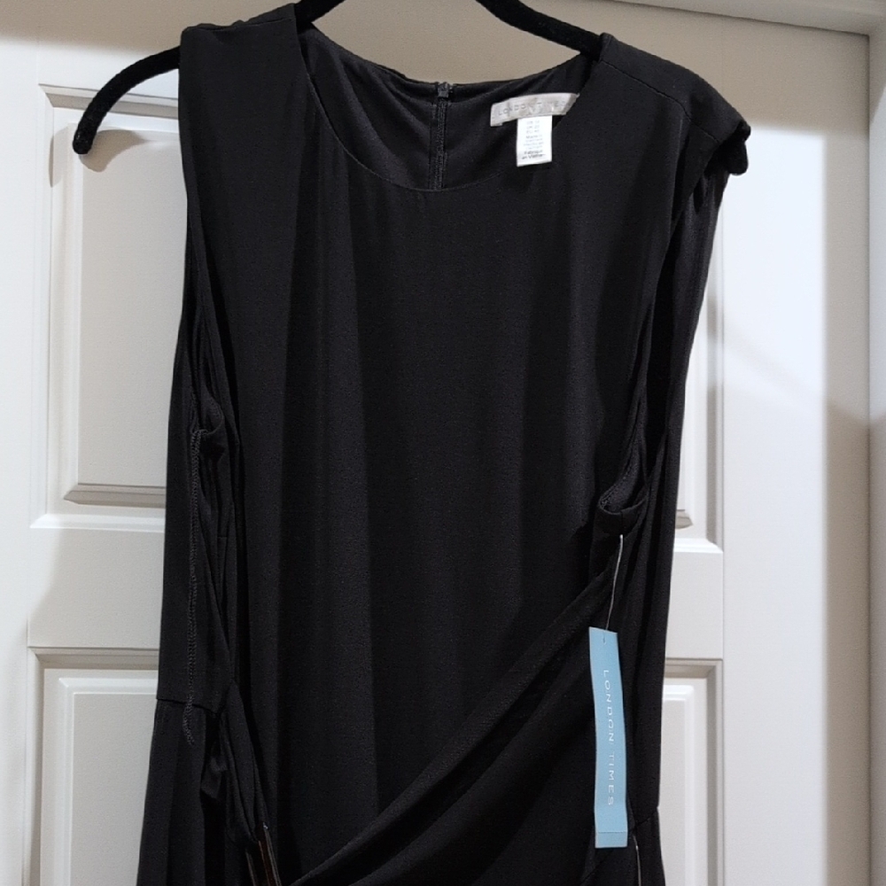 London Times Asymmetrical Black Ruched Cocktail Dress